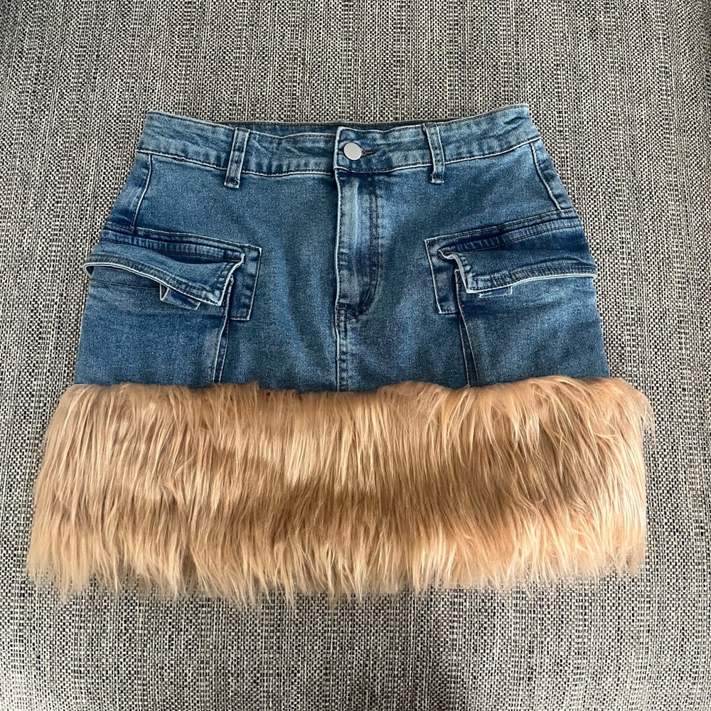 Fur trim denim skirt. Worn once for a fashion show!